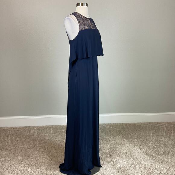 BCBGMAXAZRIA Lace and Crepe Evening Gown Blue Size 4 Sheer Back Formal Dress - Picture 4 of 13